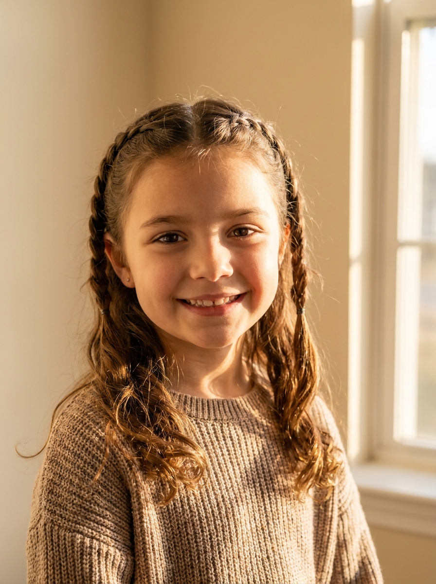 Halb geflochtene Pigtails als Flechtfrisuren für Kinder Inspiration 2026